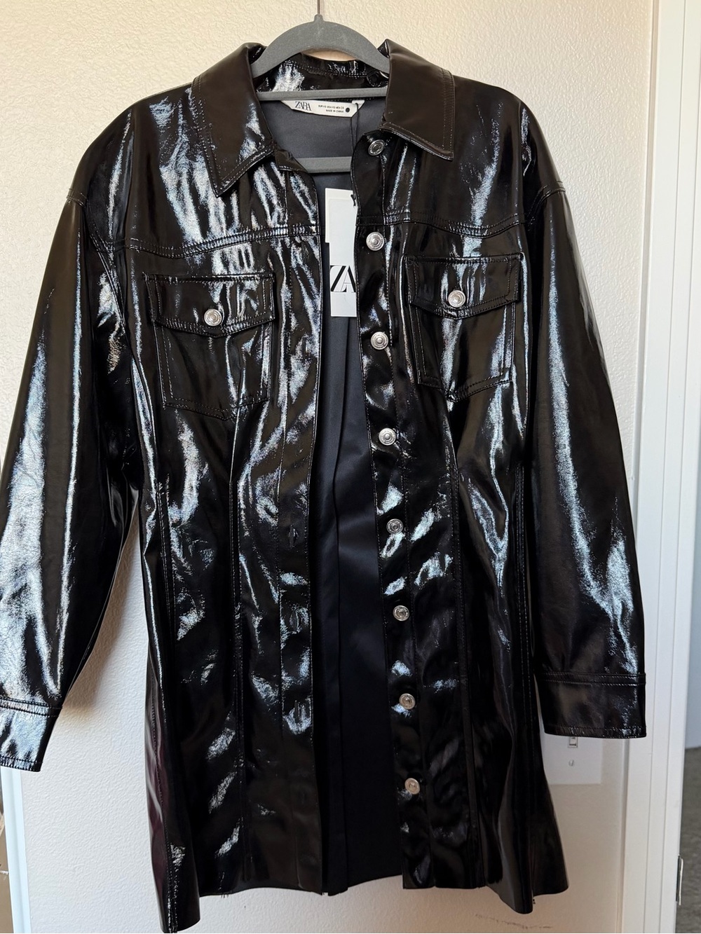 Zara Black Patent Faux-Leather Long Jacket